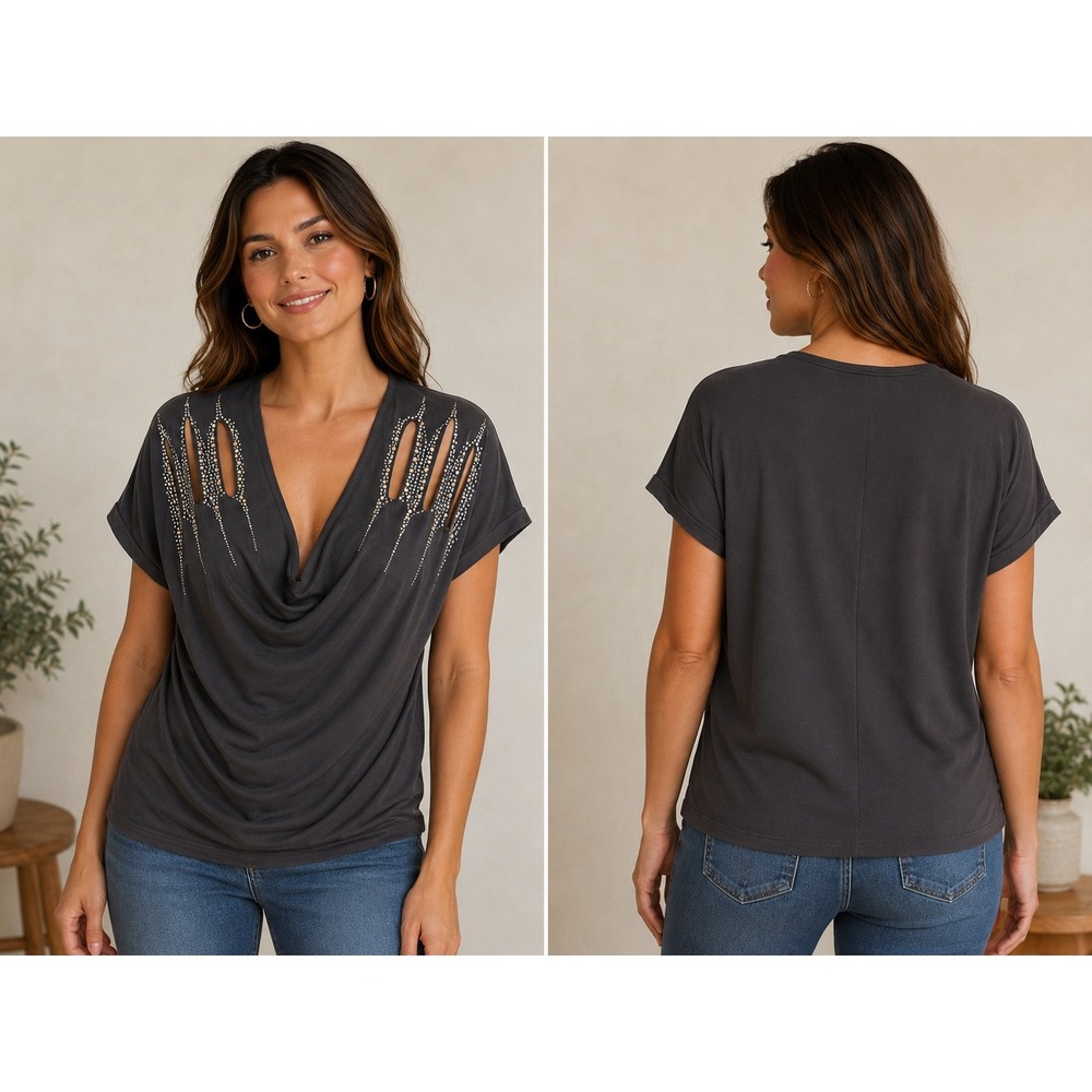 Vocal USA Gray Rhinestone Cut Out Cowl Neck Top Medium 18637S